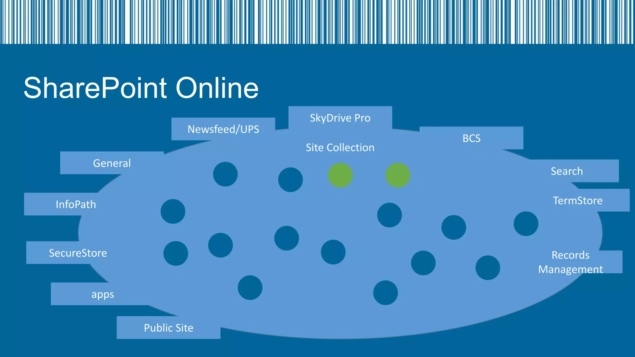 SharePoint Online
Newsfeed/UPS

SkyDrive Pro
Site Collection

General

BCS
Search
TermStore

InfoPath

SecureStore

Records
Management

apps

Public Site

 