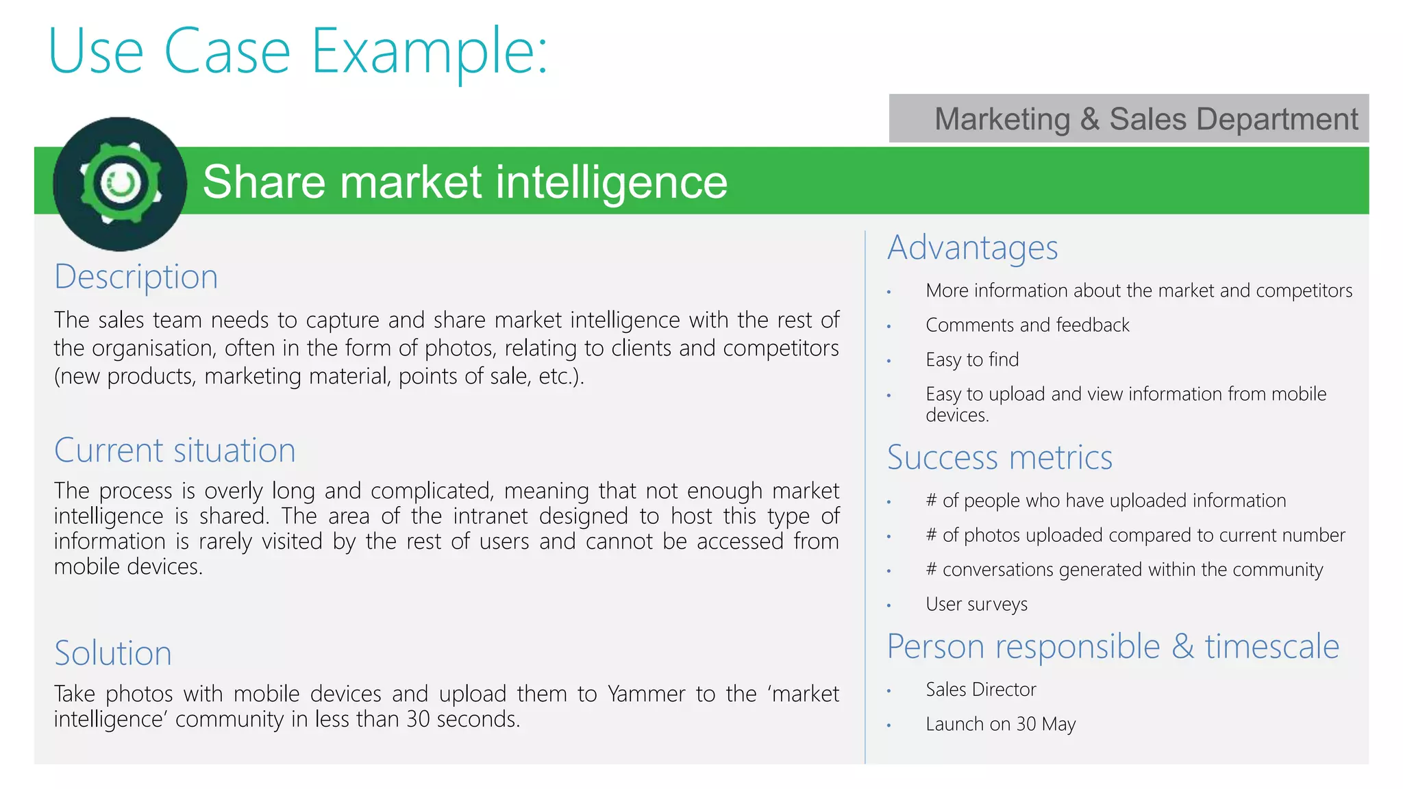 Use Case Example:
Share market intelligence
Description
The sales team needs to capture and share market intelligence with the rest of
the organisation, often in the form of photos, relating to clients and competitors
(new products, marketing material, points of sale, etc.).
Current situation
The process is overly long and complicated, meaning that not enough market
intelligence is shared. The area of the intranet designed to host this type of
information is rarely visited by the rest of users and cannot be accessed from
mobile devices.
Solution
Take photos with mobile devices and upload them to Yammer to the ‘market
intelligence’ community in less than 30 seconds.
Advantages
• More information about the market and competitors
• Comments and feedback
• Easy to find
• Easy to upload and view information from mobile
devices.
Success metrics
• # of people who have uploaded information
• # of photos uploaded compared to current number
• # conversations generated within the community
• User surveys
Person responsible & timescale
• Sales Director
• Launch on 30 May
Marketing & Sales Department
 