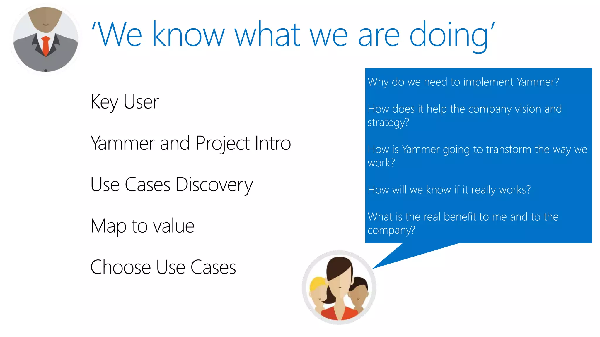 Key User
Yammer and Project Intro
Use Cases Discovery
Map to value
Choose Use Cases
Why do we need to implement Yammer?
How does it help the company vision and
strategy?
How is Yammer going to transform the way we
work?
How will we know if it really works?
What is the real benefit to me and to the
company?
 