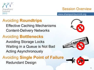 Session Overview
www.sharepointsummit.org

Avoiding Roundtrips
Effective Caching Mechanisms
Content-Delivery Networks

Avoiding Bottlenecks
Avoiding Storage Locks
Waiting in a Queue is Not Bad
Acting Asynchronously

Avoiding Single Point of Failure
Redundant Design
13

 