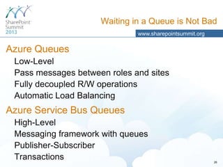 Waiting in a Queue is Not Bad
www.sharepointsummit.org

Azure Queues
Low-Level
Pass messages between roles and sites
Fully decoupled R/W operations
Automatic Load Balancing

Azure Service Bus Queues
High-Level
Messaging framework with queues
Publisher-Subscriber
Transactions

26

 
