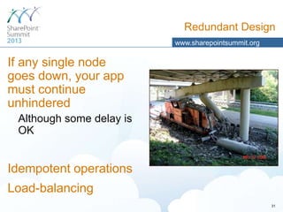 Redundant Design
www.sharepointsummit.org

If any single node
goes down, your app
must continue
unhindered
Although some delay is
OK

Idempotent operations
Load-balancing
31

 