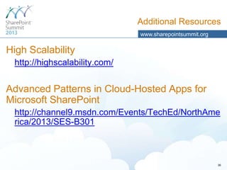 Additional Resources
www.sharepointsummit.org

High Scalability
http://highscalability.com/

Advanced Patterns in Cloud-Hosted Apps for
Microsoft SharePoint
http://channel9.msdn.com/Events/TechEd/NorthAme
rica/2013/SES-B301

36

 