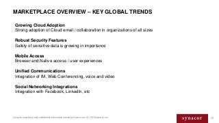 MARKETPLACE OVERVIEW – KEY GLOBAL TRENDS
Growing Cloud Adoption
Strong adoption of Cloud email / collaboration in organiza...