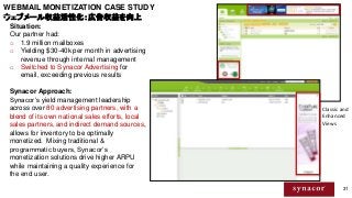 31
WEBMAIL MONETIZATION CASE STUDY
ウェブメール収益活性化：広告収益を向上
Classic and
Enhanced
Views
Situation:
Our partner had:
o 1.9 millio...
