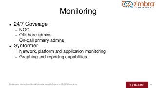 59Contains proprietary and confidential information owned by Synacor, Inc. © / 2016 Synacor, Inc.
Monitoring
 24/7 Covera...