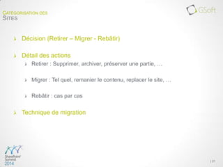Décision (Retirer – Migrer - Rebâtir)
Détail des actions
Retirer : Supprimer, archiver, préserver une partie, …
Migrer : Tel quel, remanier le contenu, replacer le site, …
Rebâtir : cas par cas
Technique de migration
| 21
CATÉGORISATION DES
SITES
 