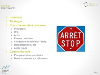 Inventaire
Topologie
Pour chaque site à conserver
Propriétaire
URL
Action
Risques / solutions
Architecture d’information / réorg
Date (classement, lot)
Accès requis
Communications
Plan présenté au propriétaire
Dates importantes aux utilisateurs
| 24
AVANT DE
CONTINUER
 