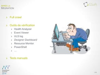 Full crawl
Outils de vérification
Health Analyzer
Event Viewer
ULS log
Designer Dashboard
Resource Monitor
PowerShell
…
Tests manuels
| 33
APRÈS LA
MIGRATION
 