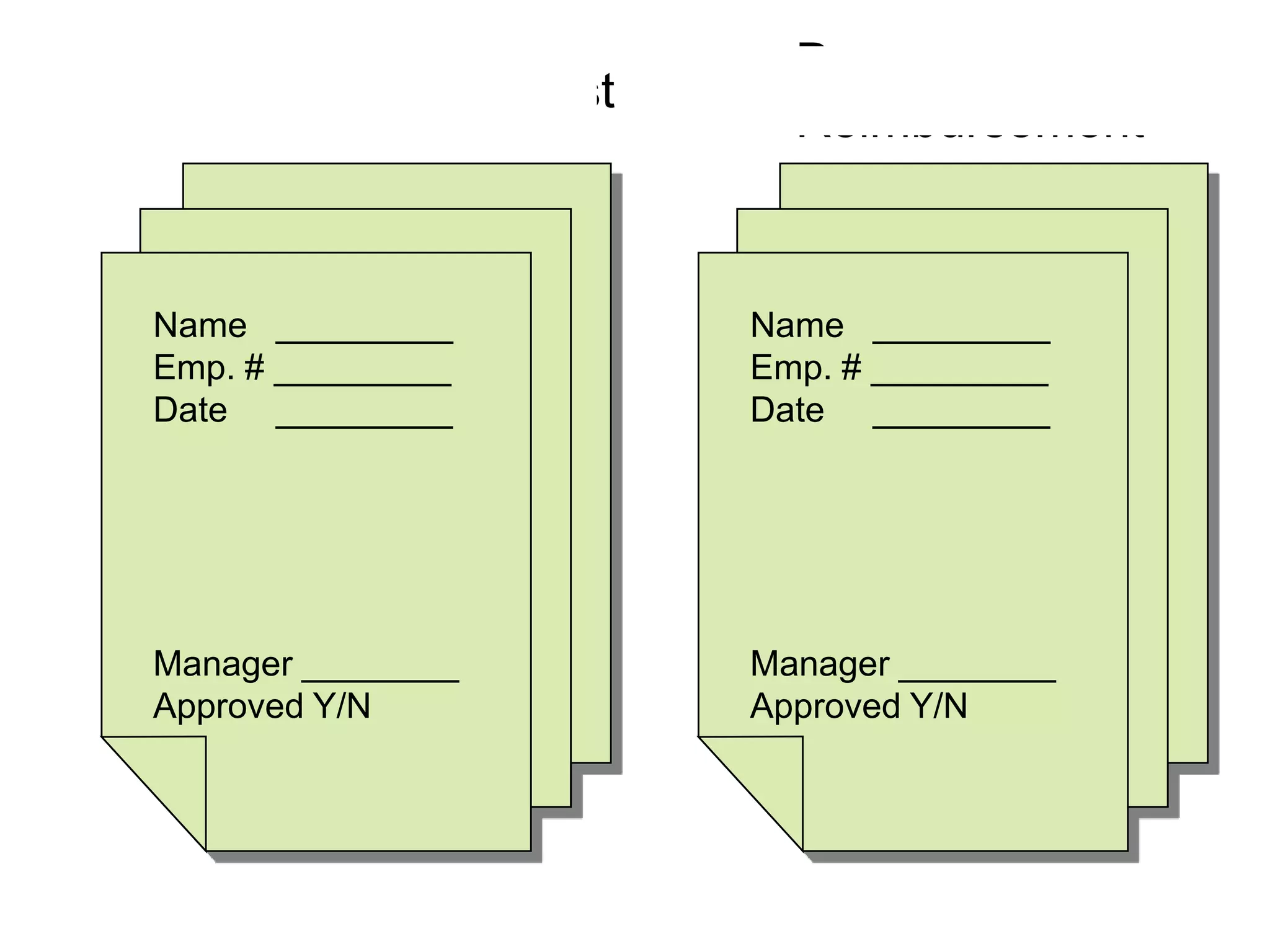 Name _________
Emp. # _________
Date _________
Dates Requested:
From __________
To: __________
Manager ________
Approved Y/N
Name _________
Emp. # _________
Date _________
Drug Used:
Name __________
Cost: $ _________
Manager ________
Approved Y/N
Vacation Request
Drug
Reimbursement
 