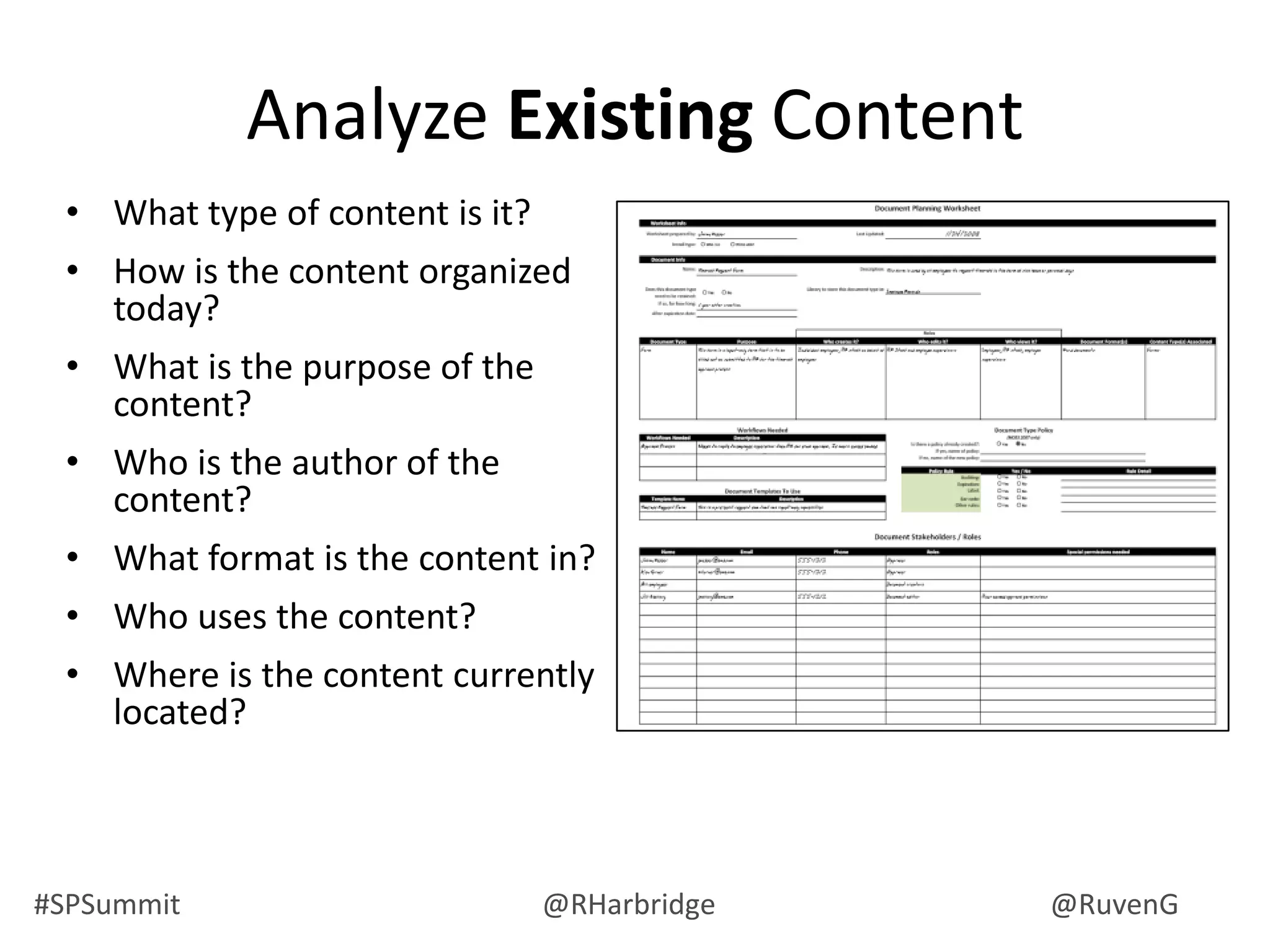 #SPSummit @RHarbridge @RuvenG
Analyze Existing Content
• What type of content is it?
• How is the content organized
today?
• What is the purpose of the
content?
• Who is the author of the
content?
• What format is the content in?
• Who uses the content?
• Where is the content currently
located?
 