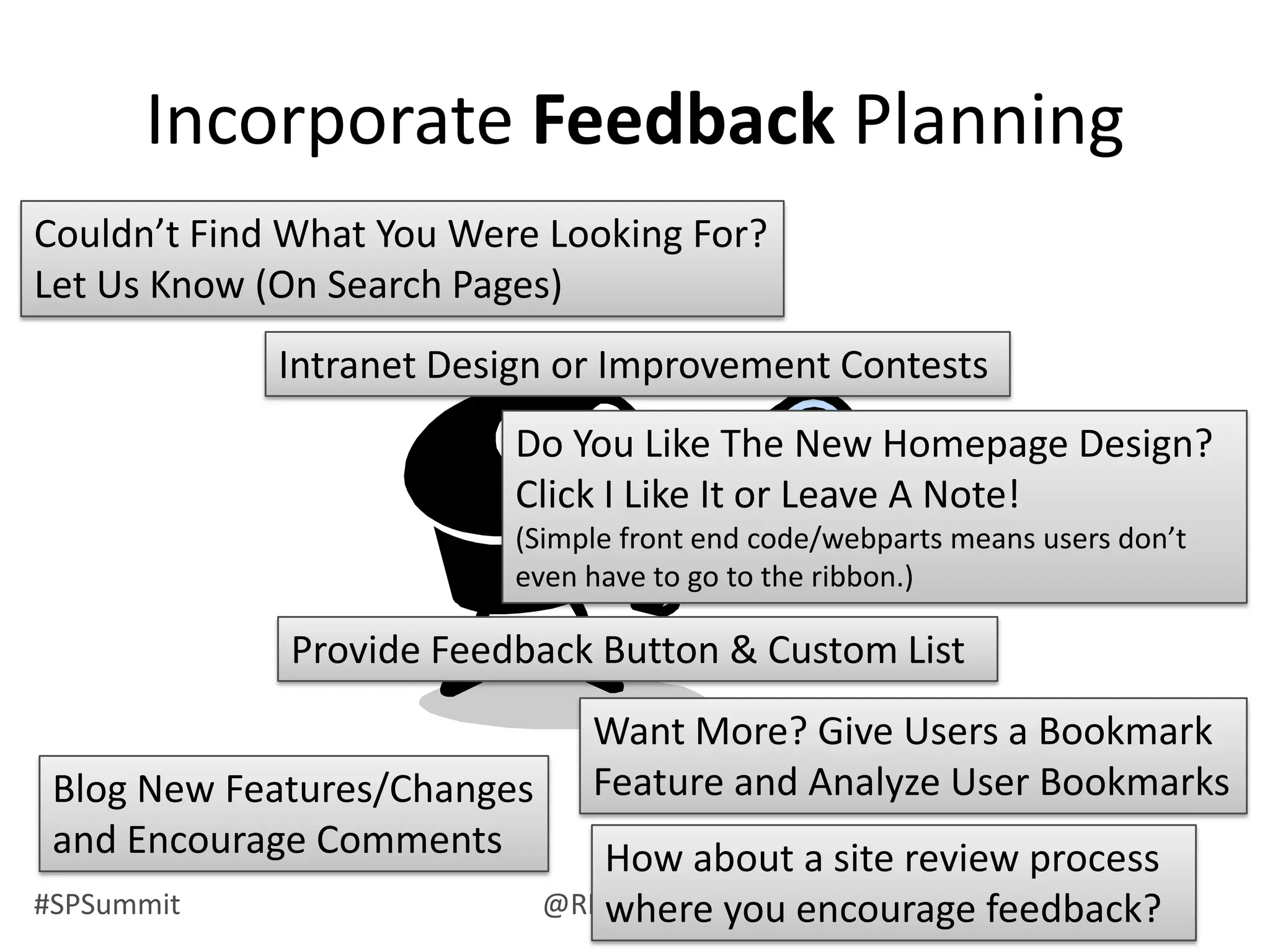 #SPSummit @RHarbridge @RuvenG
Incorporate Feedback Planning
Couldn’t Find What You Were Looking For?
Let Us Know (On Search Pages)
Do You Like The New Homepage Design?
Click I Like It or Leave A Note!
(Simple front end code/webparts means users don’t
even have to go to the ribbon.)
Intranet Design or Improvement Contests
Want More? Give Users a Bookmark
Feature and Analyze User BookmarksBlog New Features/Changes
and Encourage Comments
Provide Feedback Button & Custom List
How about a site review process
where you encourage feedback?
 