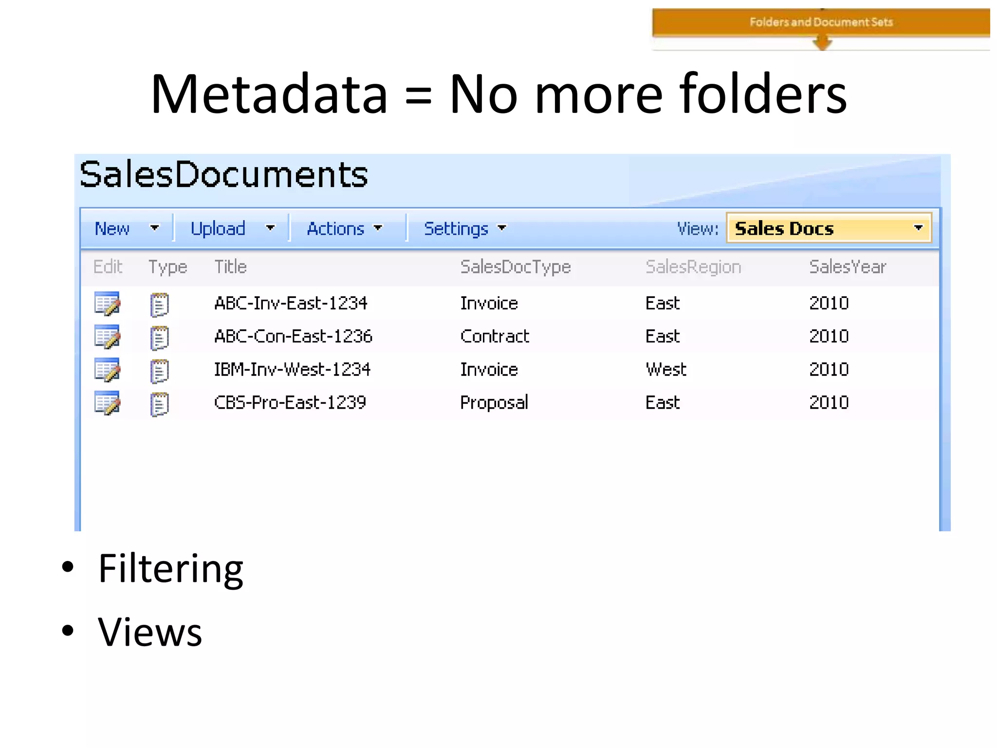Metadata = No more folders
• Filtering
• Views
 