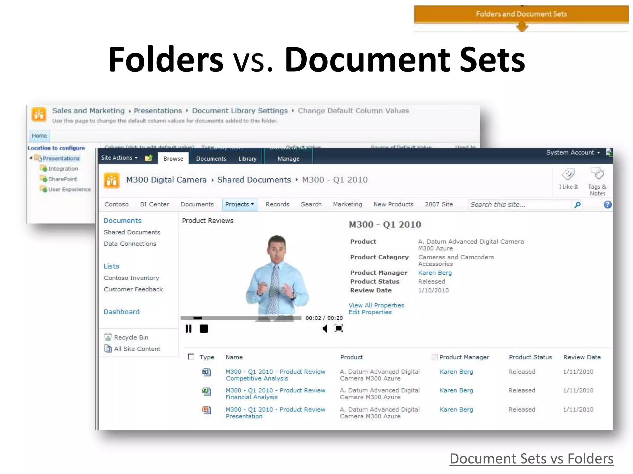 Folders vs. Document Sets
Document Sets vs Folders
 