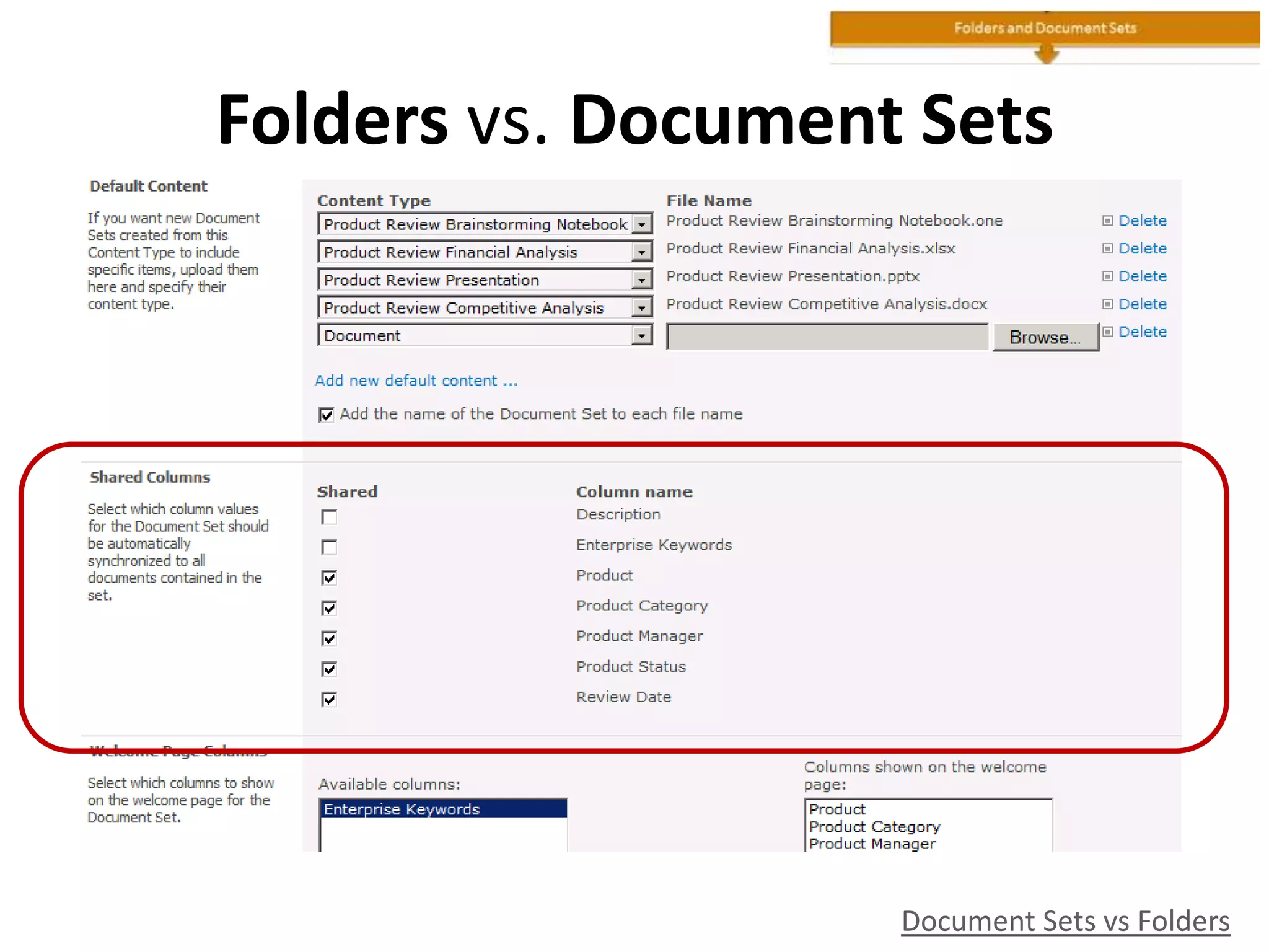 Folders vs. Document Sets
Document Sets vs Folders
 