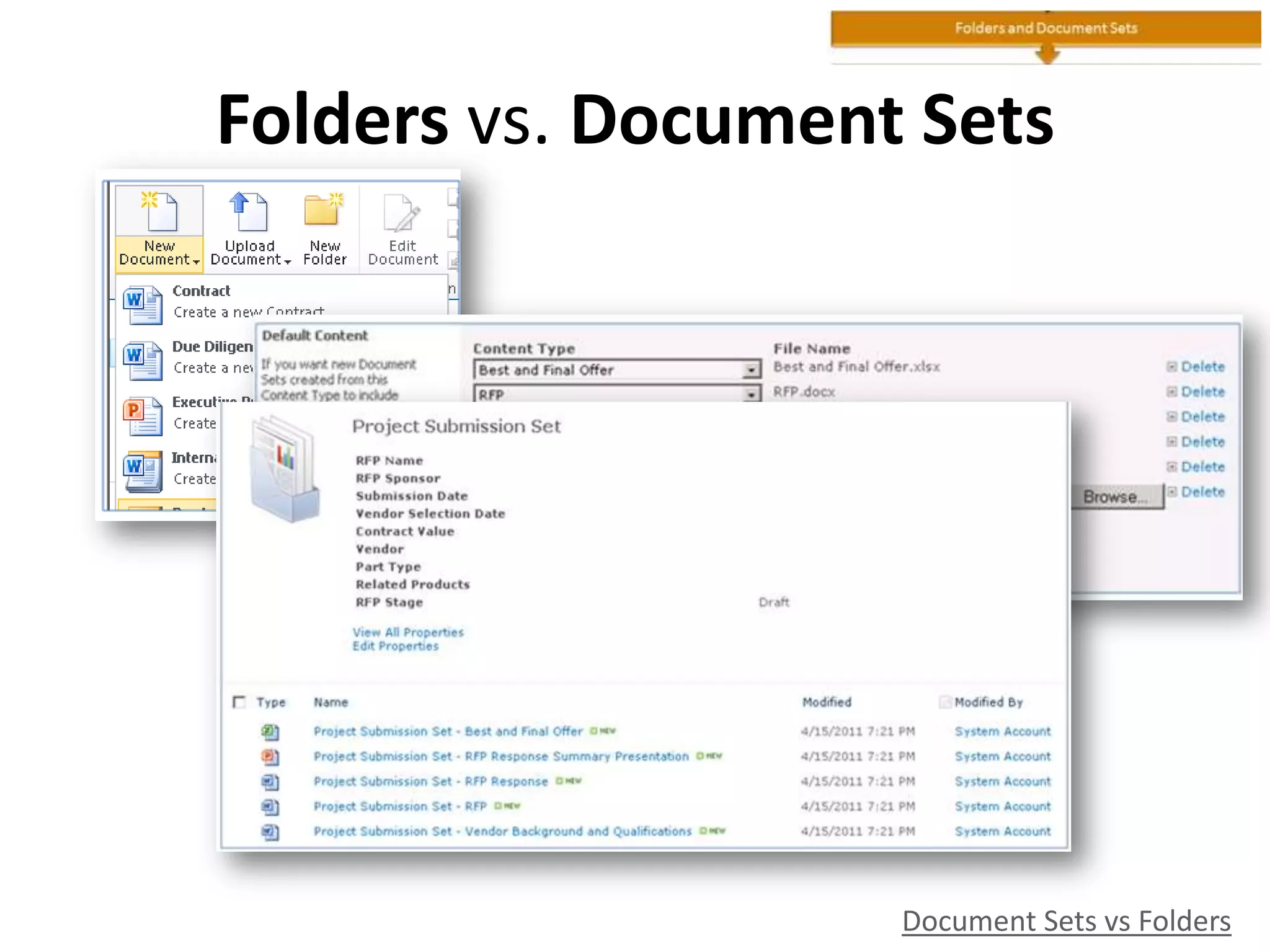 Folders vs. Document Sets
Document Sets vs Folders
 