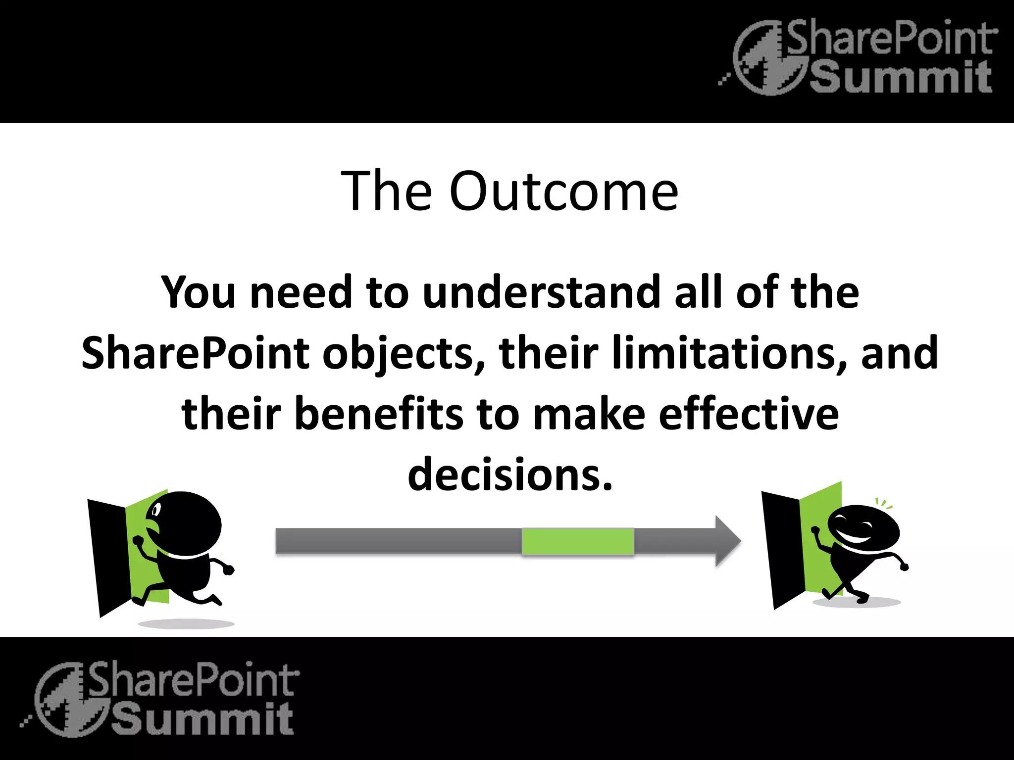 The Outcome
You need to understand all of the
SharePoint objects, their limitations, and
their benefits to make effective
decisions.
 