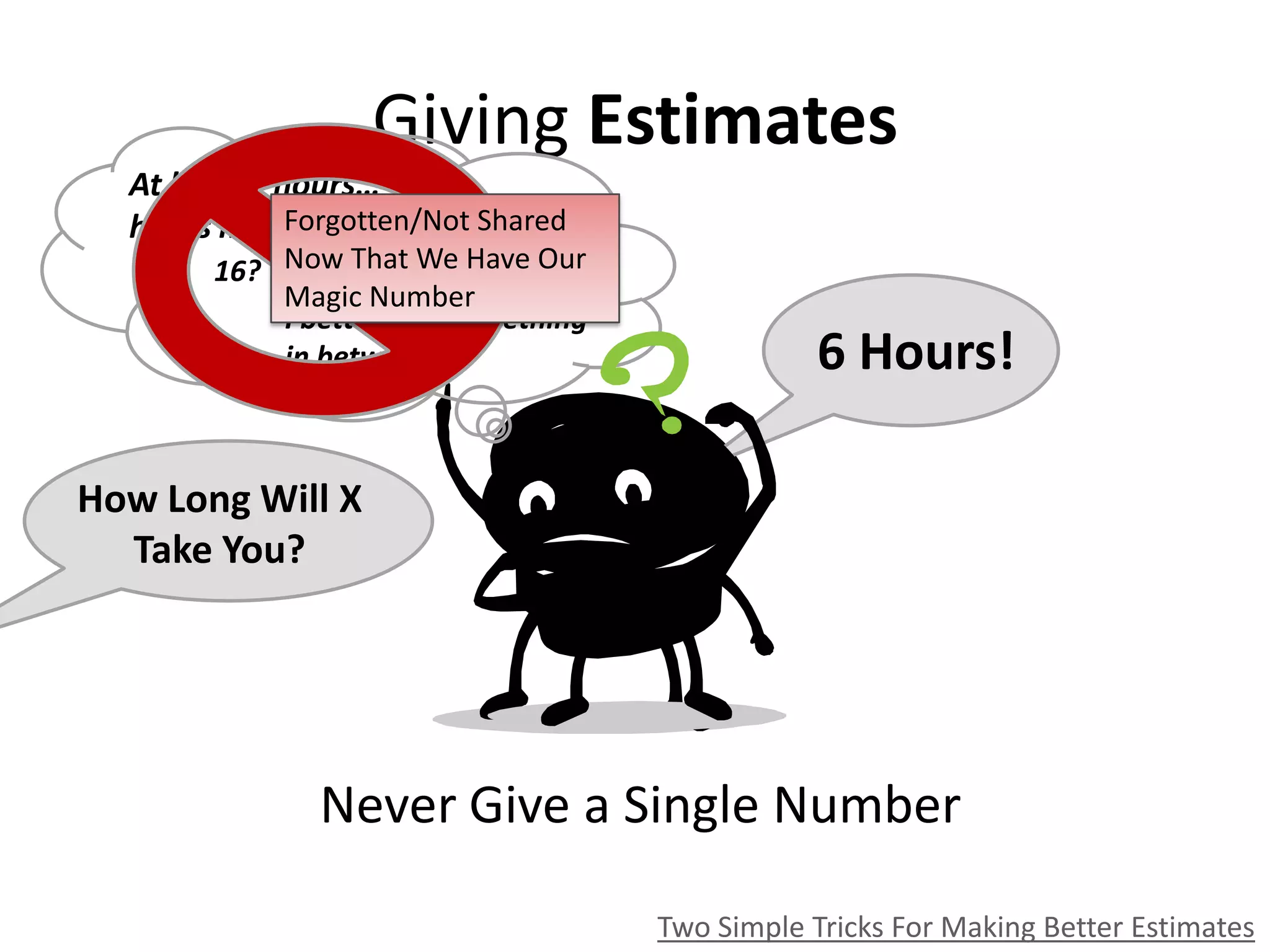 Giving Estimates
Two Simple Tricks For Making Better Estimates
Never Give a Single Number
6 Hours!
At least 2 hours… 4
hours maybe?
How Long Will X
Take You?
16? Way too much. 8 Tops.
I better pick something
in between…
Forgotten/Not Shared
Now That We Have Our
Magic Number
 