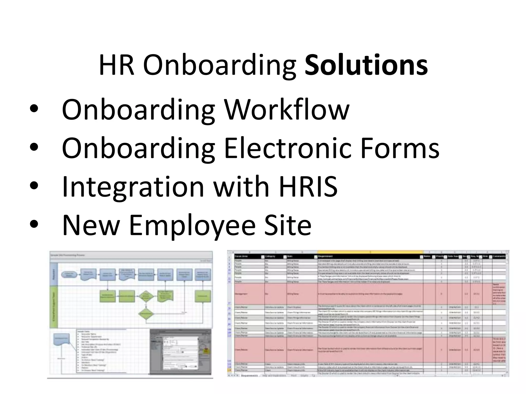 HR Onboarding Solutions
• Onboarding Workflow
• Onboarding Electronic Forms
• Integration with HRIS
• New Employee Site
 