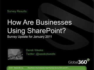 Survey Results:How Are Businesses Using SharePoint?Survey Update for January 2011Derek Weeks				Twitter: @weekstweets 