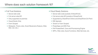 Where does each solution framework fit?
 Full Trust Solutions
 Server-side code
 Full server side API
 Only supported on-premise
 Visual Studio Only
 Farm Scoped
 Webparts, Timers Jobs, Event Receivers (Feature, Web,
Site, List, etc.)
 Cloud Ready Solutions
 Server-side code [outside of SharePoint]
 Full server side API [outside of SharePoint]
 Supported by SharePoint Online and SharePoint On-Prem
 IDE Agnostic
 Tenant or Farm Scoped
 PowerApps and MS Flow
 PnP PowerShell, Core and Provisioning Engine
 SPFx, Web Jobs, Azure Functions, Web Services, etc.
 