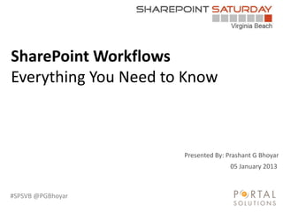 #SPSVB @PGBhoyar
Presented By: Prashant G Bhoyar
SharePoint Workflows
Everything You Need to Know
05 January 2013
 
