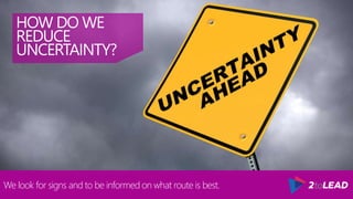 HOW DO WE
REDUCE
UNCERTAINTY?
We look for signs and to be informed on what route is best.
 
