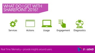 WHAT DO I GET WITH
SHAREPOINT 2016?
Real Time Telemetry – provide insights around users.
Services Actions Usage Engagement Diagnostics
 