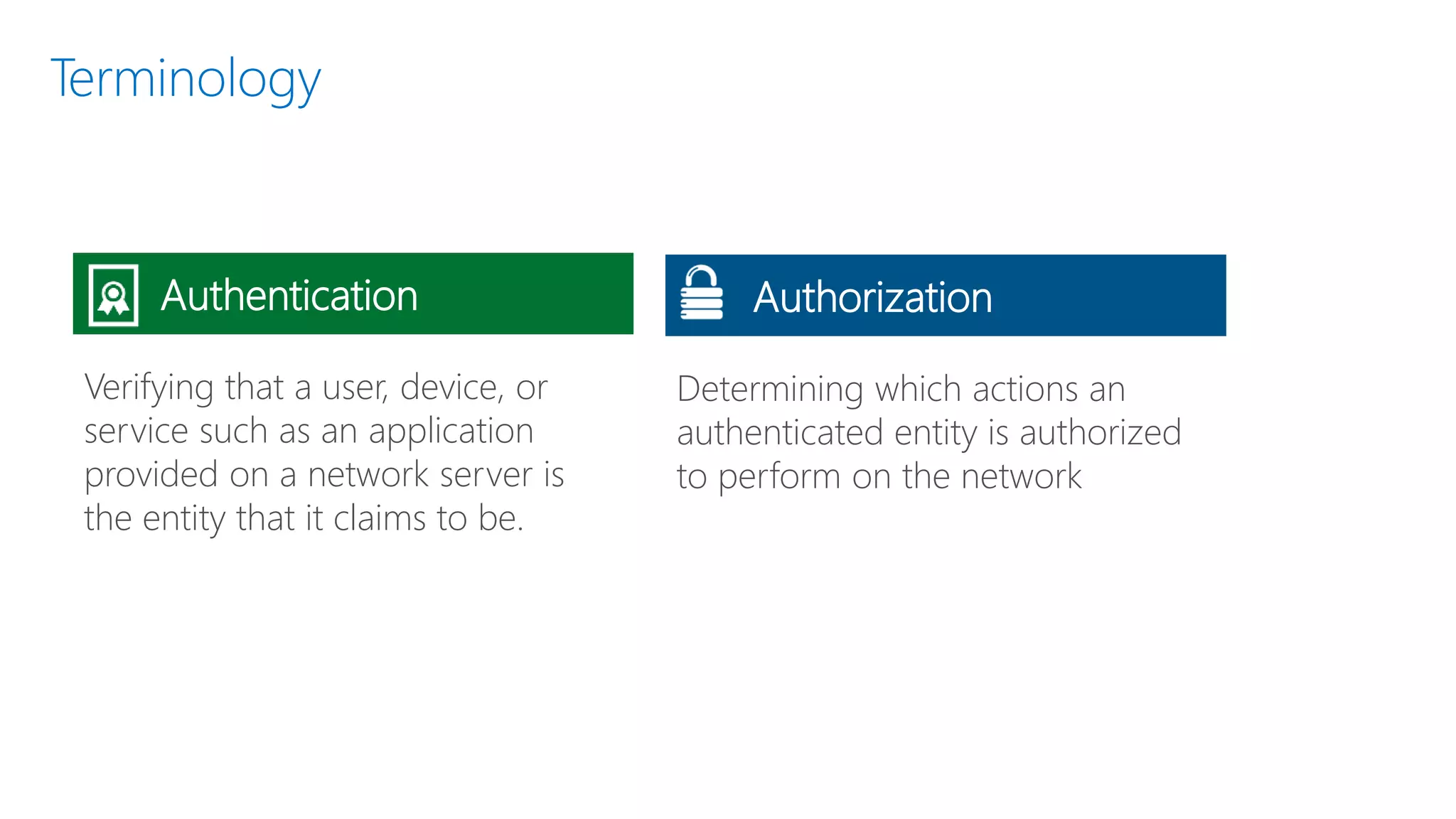 Determining which actions an
authenticated entity is authorized
to perform on the network
Terminology
Verifying that a user, device, or
service such as an application
provided on a network server is
the entity that it claims to be.
Authentication Authorization
 