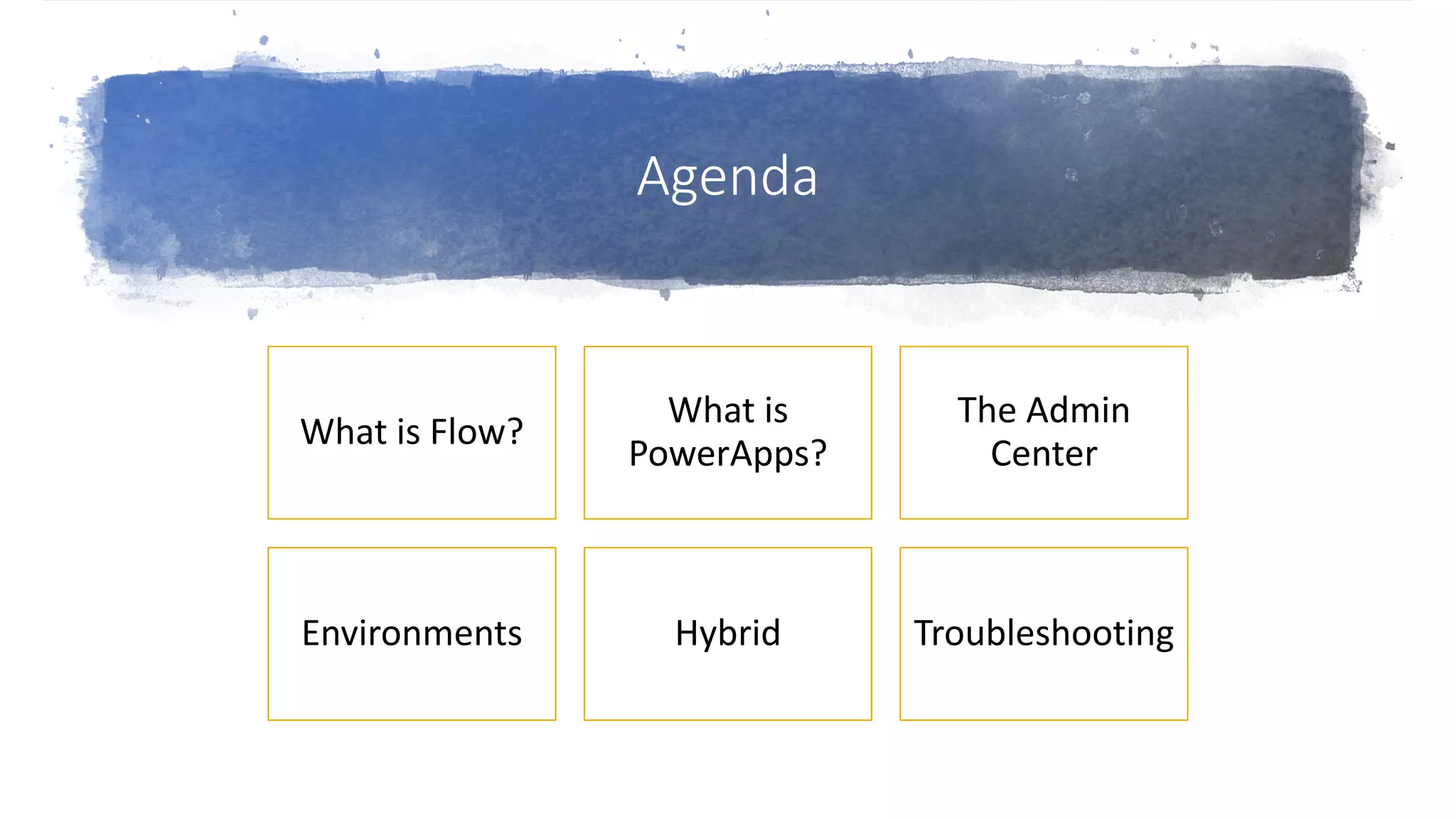 Agenda
What is Flow?
What is
PowerApps?
The Admin
Center
Environments Hybrid Troubleshooting
