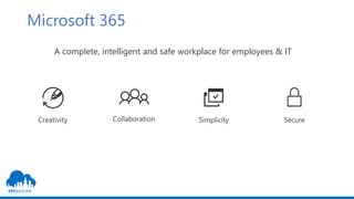 Microsoft 365
SecureCreativity Collaboration Simplicity
A complete, intelligent and safe workplace for employees & IT
 