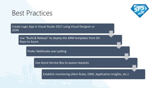 Best Practices
Create Logic App in Visual Studio 2017 using Visual Designer or
JSON
Use “Build & Release” to deploy the ARM templates from Git
Repo to Azure
Prefer Webhooks over polling
Use Azure Service Bus to queue requests
Establish monitoring (Alert Rules, OMS, Application Insights, etc.)
 