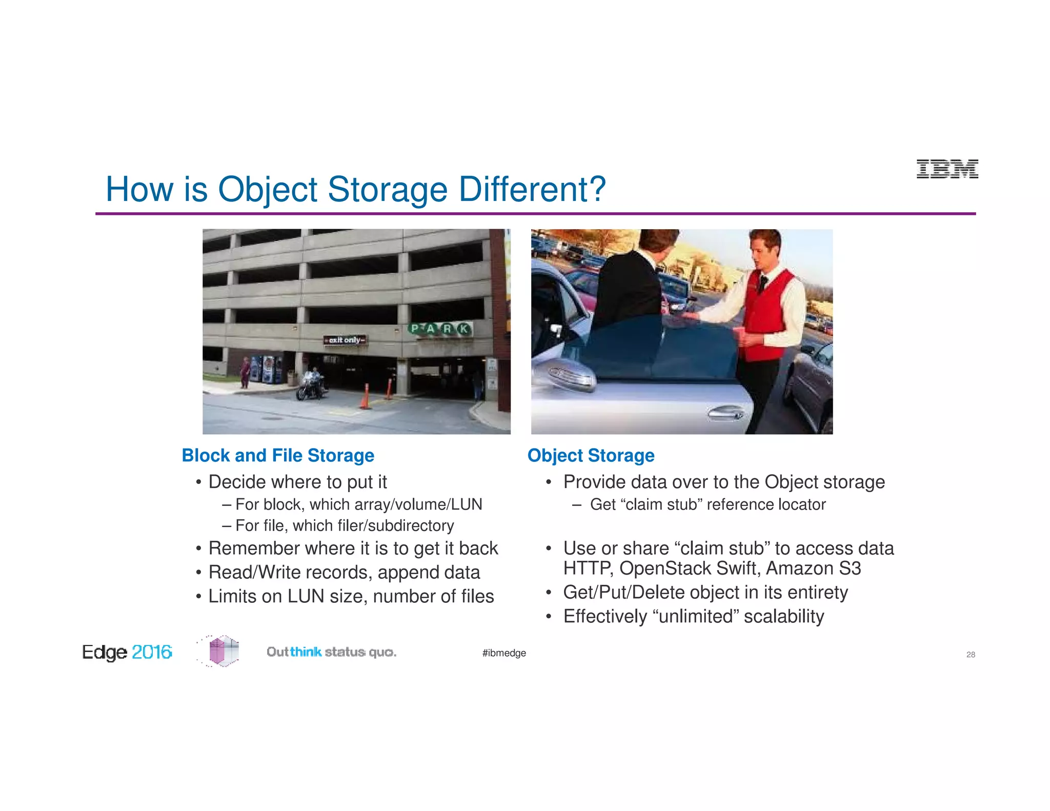 #ibmedge
How is Object Storage Different?
Block and File Storage
• Decide where to put it
– For block, which array/volume/LUN
– For file, which filer/subdirectory
• Remember where it is to get it back
• Read/Write records, append data
• Limits on LUN size, number of files
Object Storage
• Provide data over to the Object storage
– Get “claim stub” reference locator
• Use or share “claim stub” to access data
HTTP, OpenStack Swift, Amazon S3
• Get/Put/Delete object in its entirety
• Effectively “unlimited” scalability
28
 
