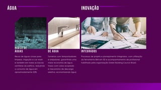 água Inovação
Consumo
de água
Processos
integrados
Torneiras com temporizadores
e arejadores, garantindo uma
maior economia de água.
Vasos com caixa acoplada
e mecanismo de descarga
seletiva, economizando água;
Processos de projeto e planejamento integrados, com utilização
da ferramenta BIM em 3D e acompanhamento de profissional
habilitado pela organização Green Building Council Brasil;
Reuso de
águas
Reuso de águas cinzas para
limpeza, irrigação e car wash
e também em todas as bacias
sanitárias do edifício, reduzindo
o consumo de água em
aproximadamente 25%;
 