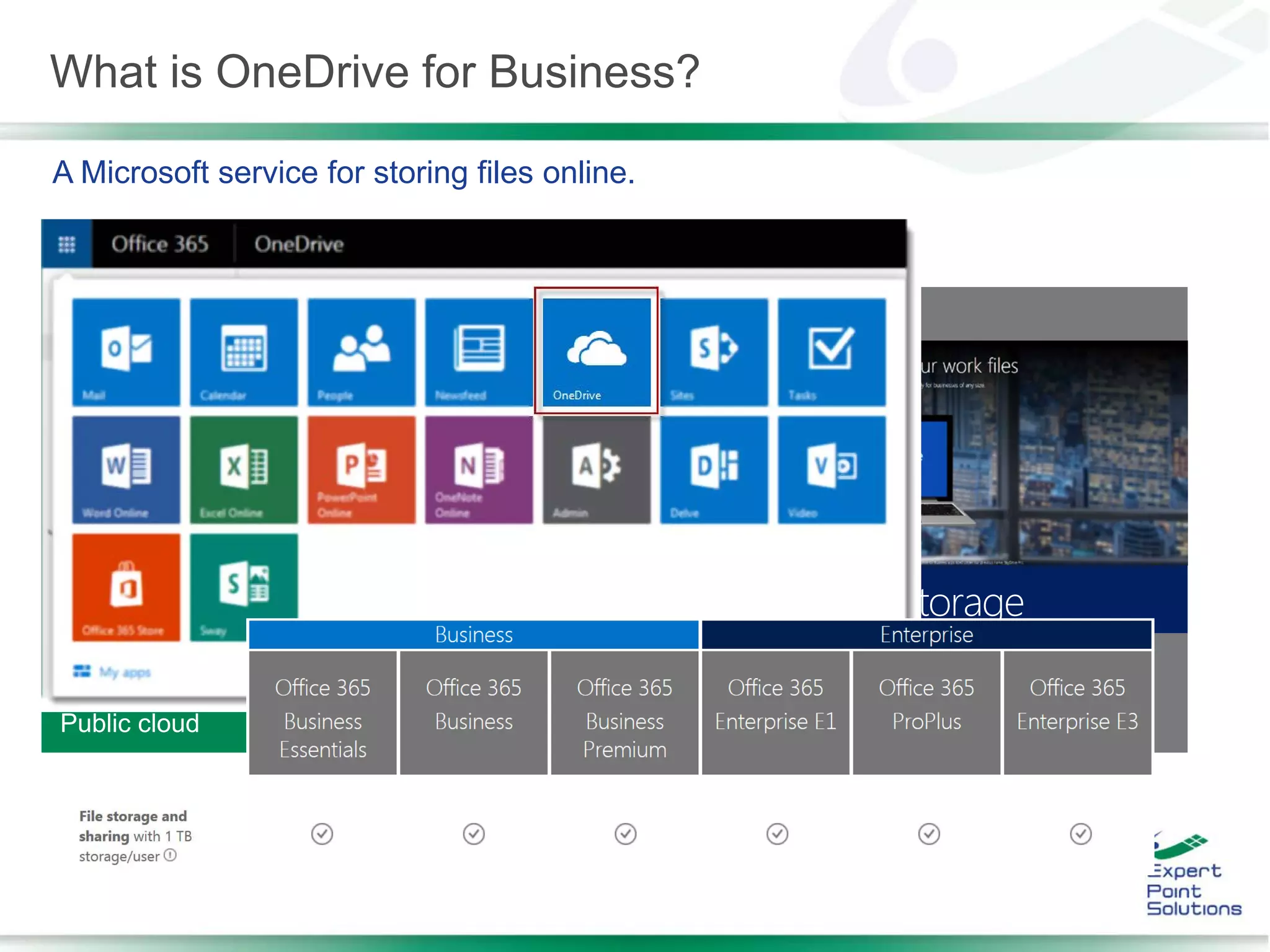 In two flavors
What is OneDrive for Business?
A Microsoft service for storing files online.
 