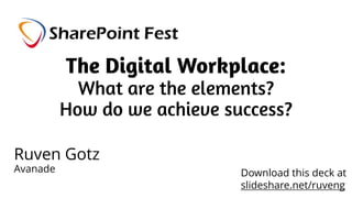 The Digital Workplace:
What are the elements?
How do we achieve success?
Ruven Gotz
Avanade Download this deck at
slideshare.net/ruveng
 