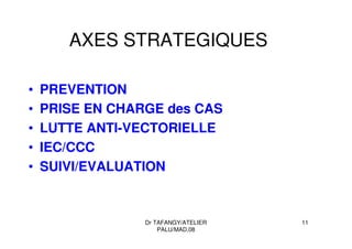 Dr TAFANGY/ATELIER
PALU/MAD.08
11
AXES STRATEGIQUES
• PREVENTION
• PRISE EN CHARGE des CAS
• LUTTE ANTI-VECTORIELLE
• IEC/CCC
• SUIVI/EVALUATION
 