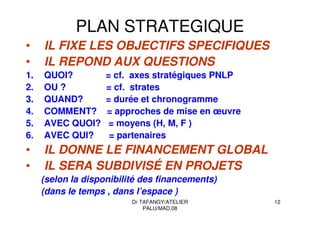 Dr TAFANGY/ATELIER
PALU/MAD.08
12
PLAN STRATEGIQUE
• IL FIXE LES OBJECTIFS SPECIFIQUES
• IL REPOND AUX QUESTIONS
1. QUOI? = cf. axes stratégiques PNLP
2. OU ? = cf. strates
3. QUAND? = durée et chronogramme
4. COMMENT? = approches de mise en œuvre
5. AVEC QUOI? = moyens (H, M, F )
6. AVEC QUI? = partenaires
• IL DONNE LE FINANCEMENT GLOBAL
• IL SERA SUBDIVISÉ EN PROJETS
(selon la disponibilité des financements)
(dans le temps , dans l’espace )
 