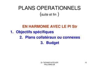 Dr TAFANGY/ATELIER
PALU/MAD.08
15
PLANS OPERATIONNELS
(suite et fin )
EN HARMONIE AVEC LE Pl Str
1. Objectifs spécifiques
2. Plans collatéraux ou connexes
3. Budget
 