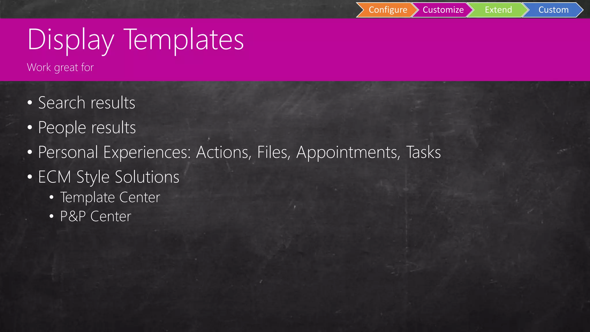 Custom
Master Pages
Configure Customize Extend Custom
• Search results
• People results
• Personal Experiences: Actions, Files, Appointments, Tasks
• ECM Style Solutions
• Template Center
• P&P Center
Display Templates
Work great for
 