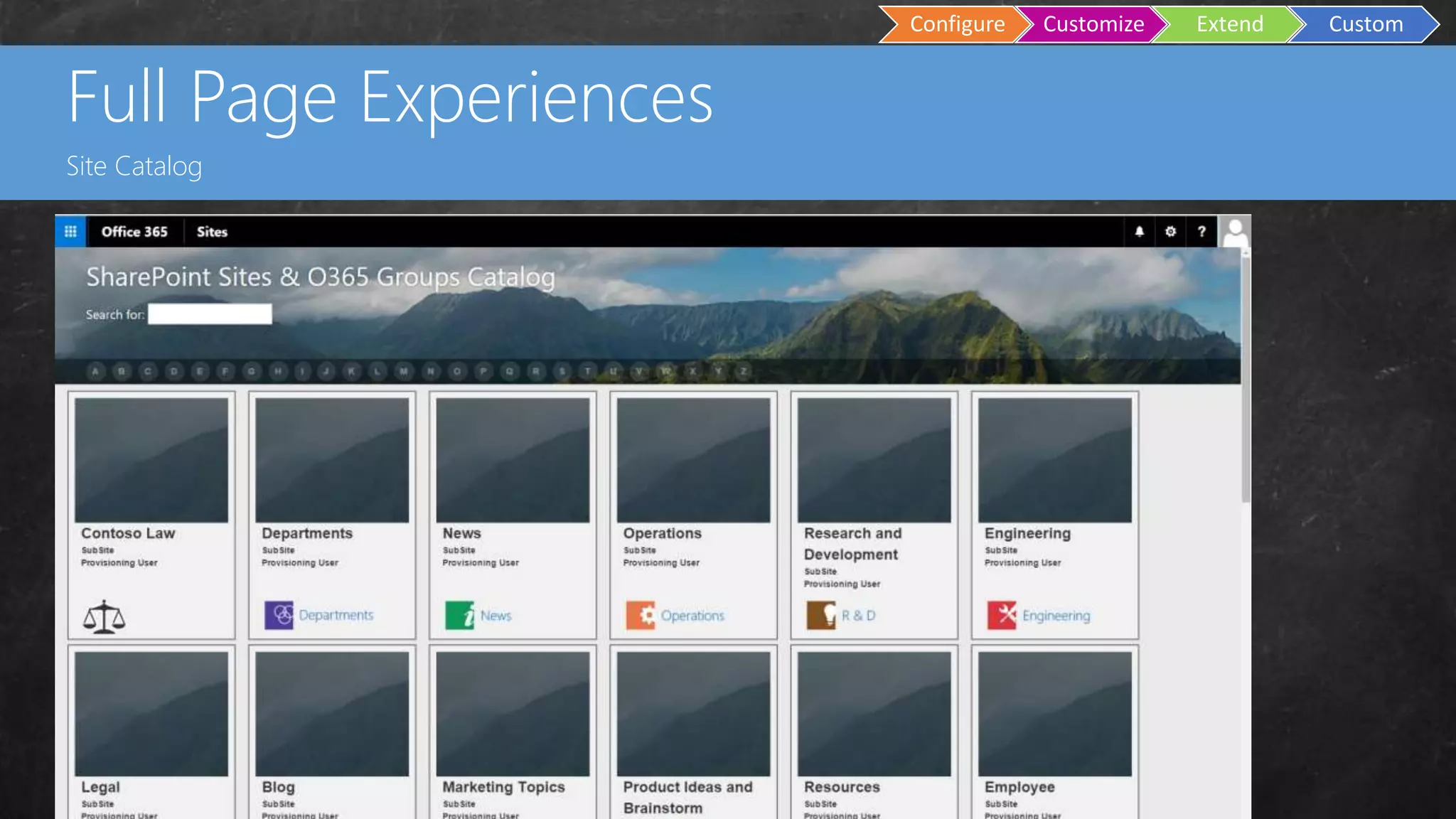 Custom
Master Pages
Configure Customize Extend Custom
Full Page Experiences
Site Catalog
 