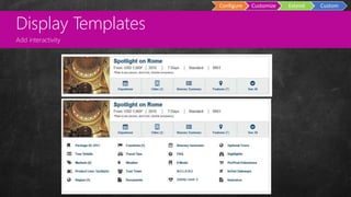 Custom
Master Pages
Configure Customize Extend Custom
Display Templates
Add interactivity
 