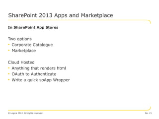 SharePoint 2013 Apps and Marketplace

In SharePoint App Stores


Two options
• Corporate Catalogue
• Marketplace

Cloud Hosted
• Anything that renders html
• OAuth to Authenticate
• Write a quick spApp Wrapper




© Logica 2012. All rights reserved     No. 15
 