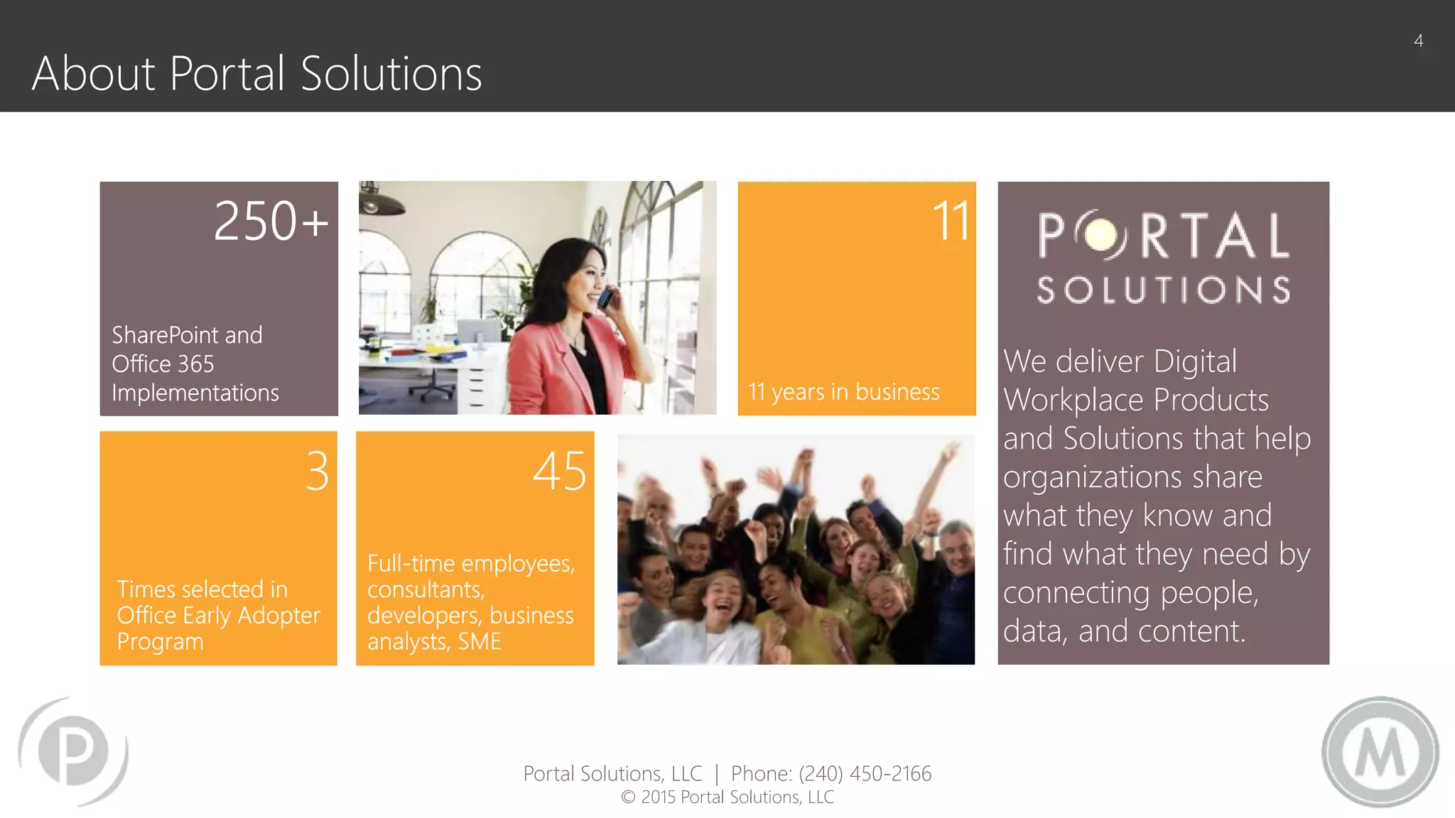 About Portal Solutions
4
We deliver Digital
Workplace Products
and Solutions that help
organizations share
what they know and
find what they need by
connecting people,
data, and content.
Portal Solutions, LLC | Phone: (240) 450-2166
© 2015 Portal Solutions, LLC
 
