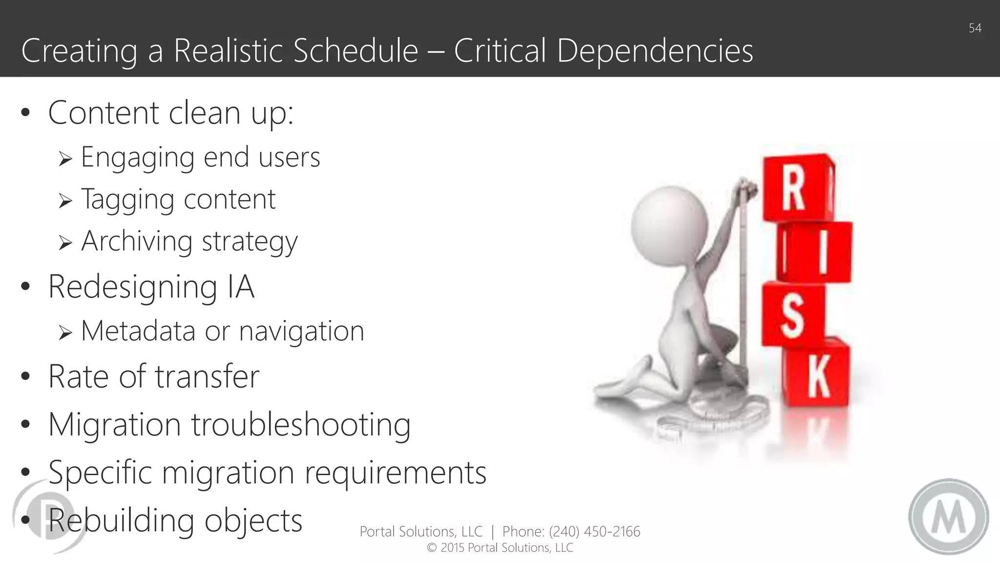 Creating a Realistic Schedule – Critical Dependencies
• Content clean up:
 Engaging end users
 Tagging content
 Archiving strategy
• Redesigning IA
 Metadata or navigation
• Rate of transfer
• Migration troubleshooting
• Specific migration requirements
• Rebuilding objects
54
Portal Solutions, LLC | Phone: (240) 450-2166
© 2015 Portal Solutions, LLC
 