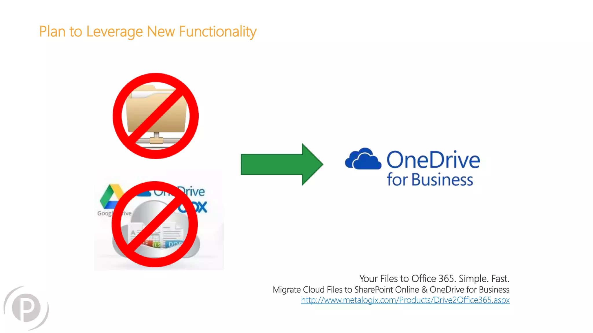 Plan to Leverage New Functionality
Your Files to Office 365. Simple. Fast.
Migrate Cloud Files to SharePoint Online & OneDrive for Business
http://www.metalogix.com/Products/Drive2Office365.aspx
 
