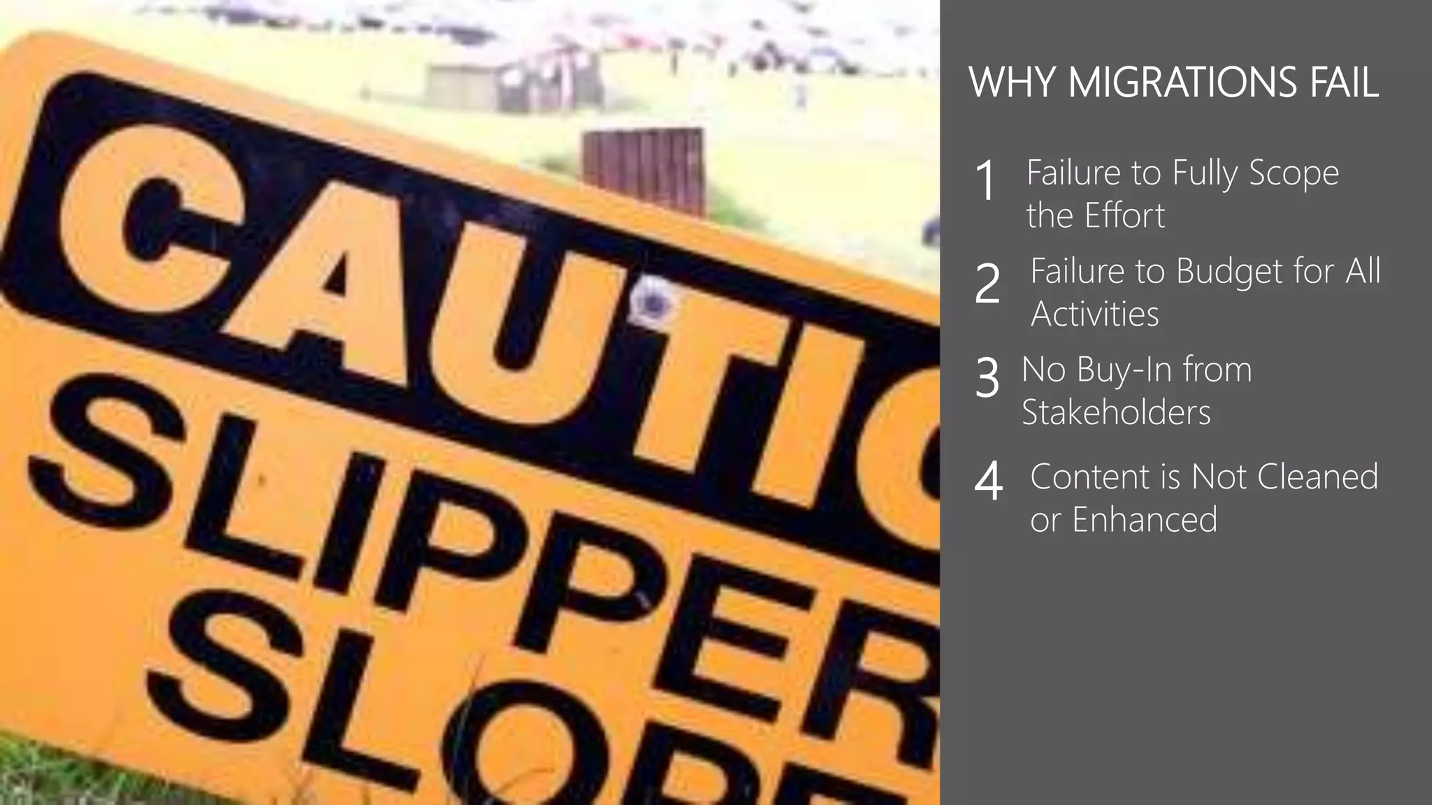Failure to Fully Scope
the Effort
1
Failure to Budget for All
Activities
2
No Buy-In from
Stakeholders
3
Content is Not Cleaned
or Enhanced
4
WHY MIGRATIONS FAIL
 