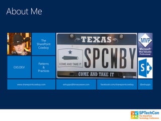 CKS:DEV
The
SharePoint
Cowboy
Patterns
&
Practices
Eric Shupps
www.sharepointcowboy.com eshupps@binarywave.com facebook.com/sharepointcowboy @eshupps
 