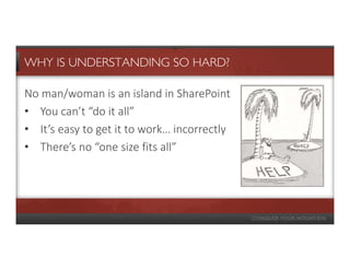 WHY IS UNDERSTANDING SO HARD?

No man/woman is an island in SharePoint
• You can’t “do it all”
• It’s easy to get it to work… incorrectly
• There’s no “one size fits all”
 