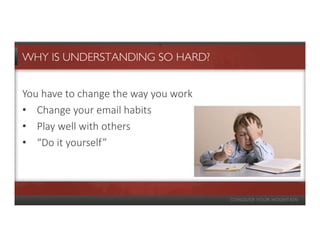 WHY IS UNDERSTANDING SO HARD?


You have to change the way you work
• Change your email habits
• Play well with others
• “Do it yourself”
 